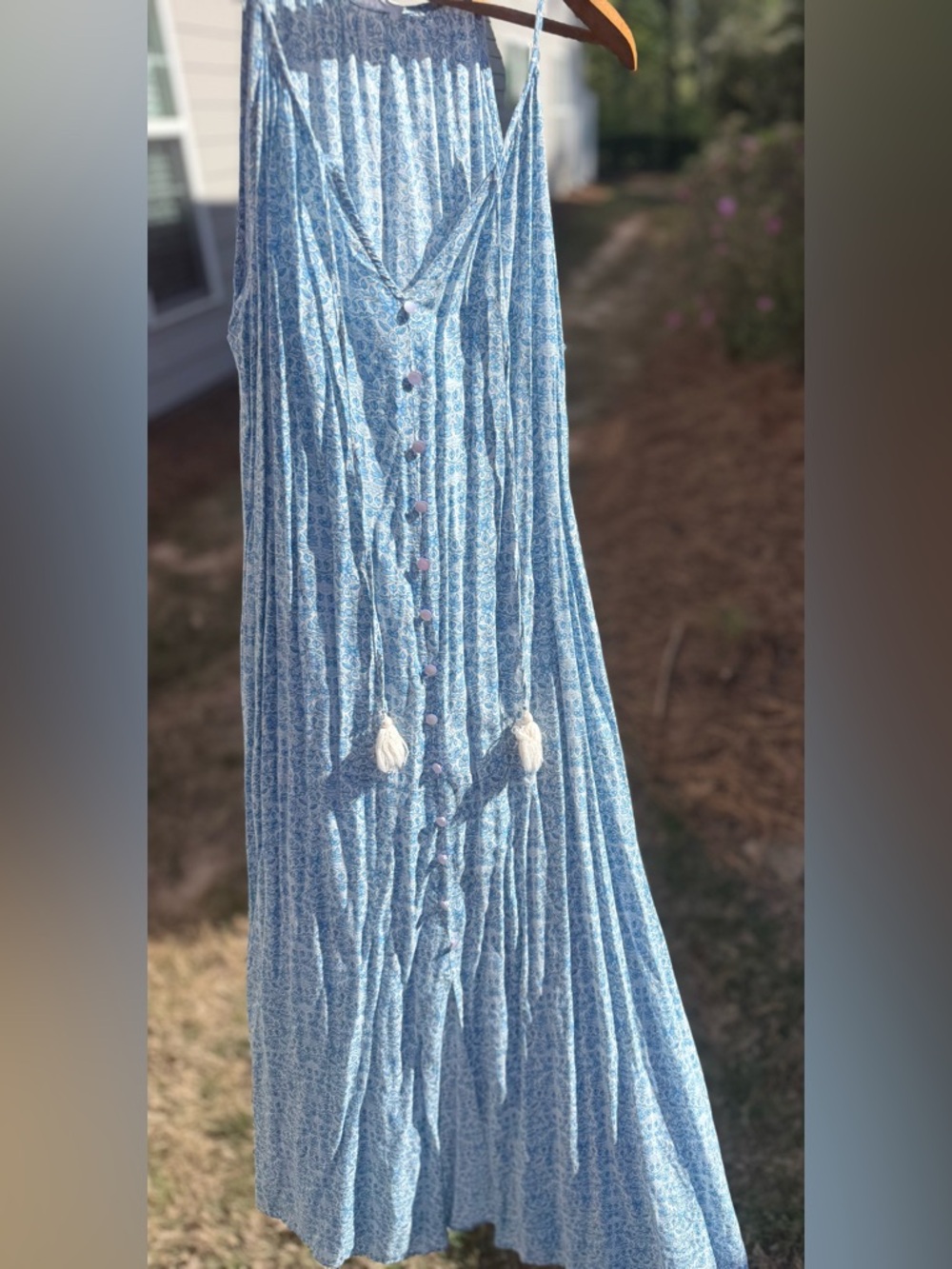 Lush Boho Paisley Button-Front Maxi Dress Summer Flowy Tassel Size Small